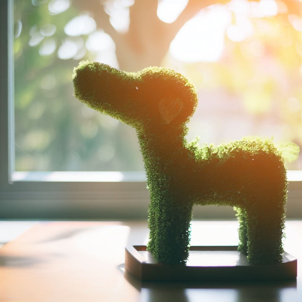 a picture of a topiary that is cut to look like an animal. put it on a table in front of a window on a bright and sunny day.