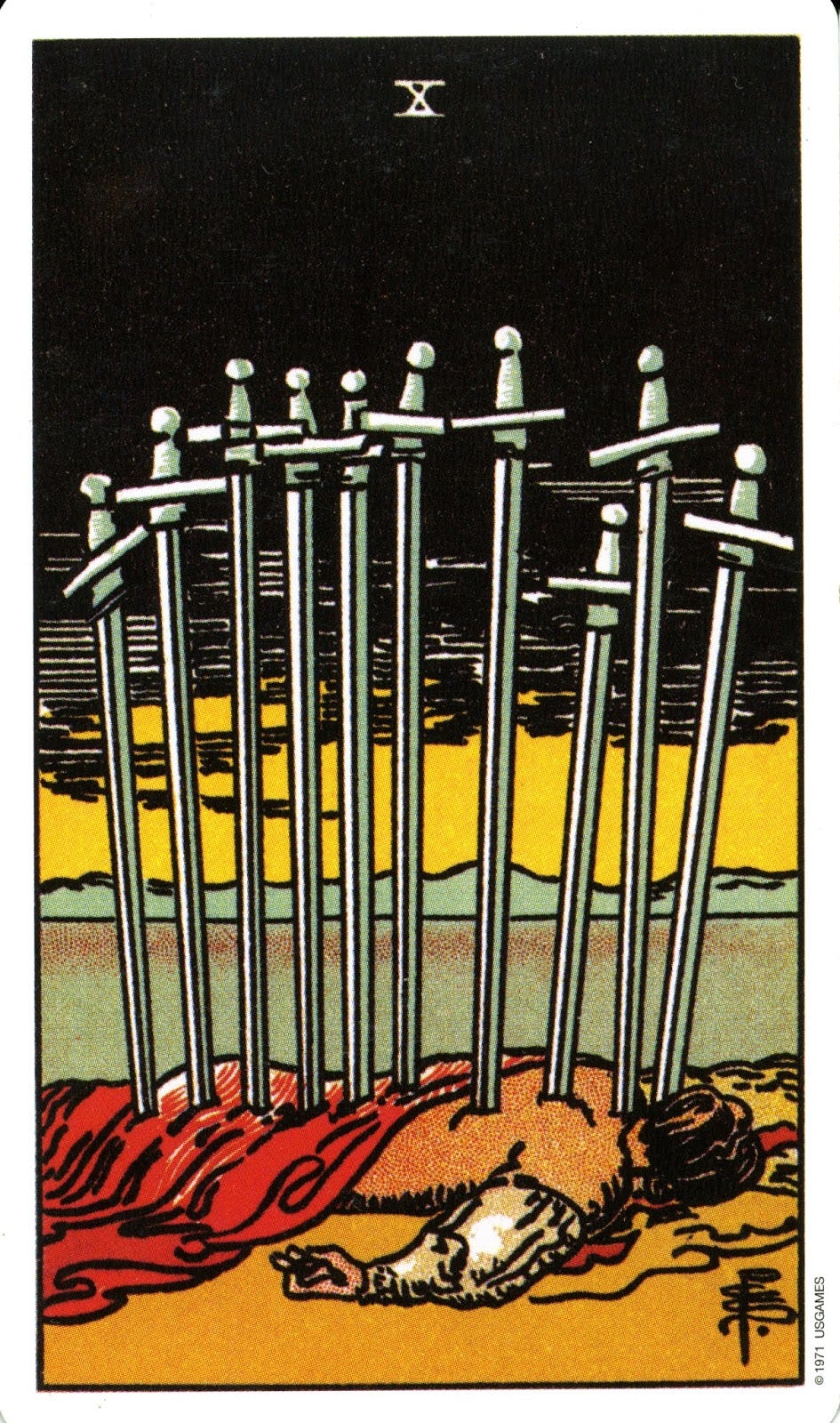 JPG of the Ten of Swords from the Pixie Smith / Rider-Waite tarot deck. A figure lies on the ground beneath a pitch-black sky. Ten swords have been driven through the figure into the Earth. They are in a strange cluster, like a group discussing something.