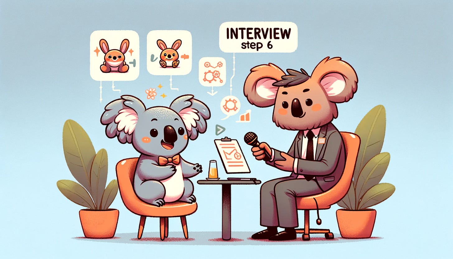 A cartoon-style illustration of a koala character practicing interview skills, ideal for Step 6 in a tech career guide. The koala is depicted in a mock interview setting, engaged in a conversation with another animal character, possibly a rabbit or a deer, representing different interviewers like a recruiter or an engineering manager. The scene reflects a friendly yet professional atmosphere, with the koala demonstrating clear communication and empathy. There are also abstract symbols indicating problem-solving and technical skills. The style of the illustration remains whimsical and engaging, with a balanced color palette, consistent with the previous images in the series.