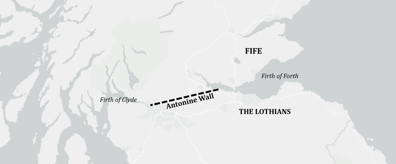 A map of southern Scotland marking the Firth of Forth, Firth of Clyde, the Lothians, Fife, and the Antonine Wall
