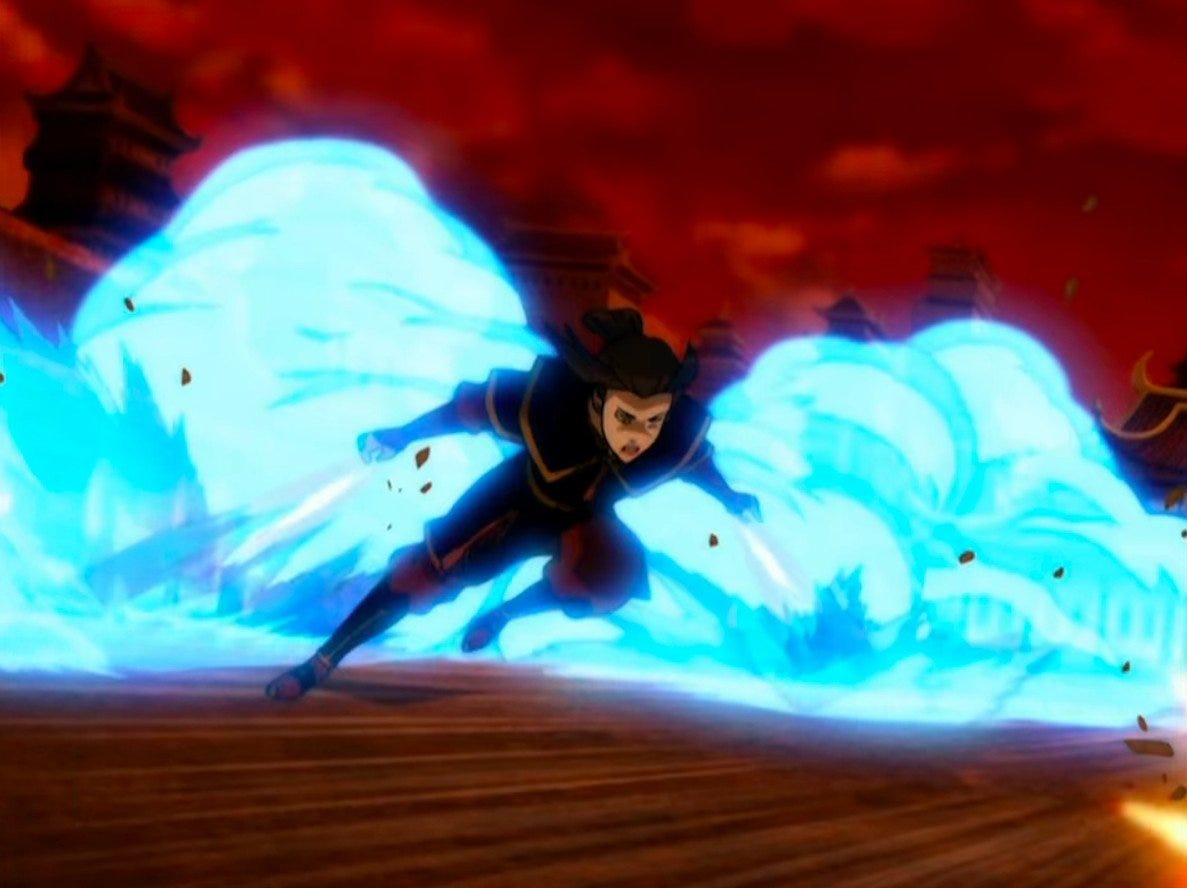 Azula propels herself forward using blue fire in the last agni-kai between Zuko and her (Avatar: The Last Airbender, 2008)