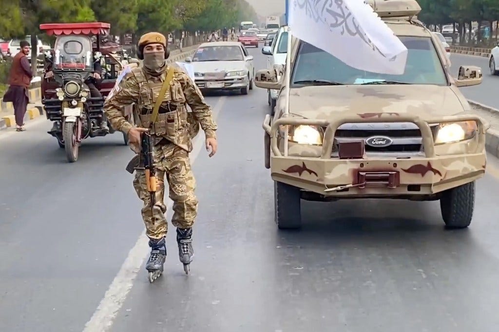A video appears to show Taliban security forces patrolling Kabul, Afghanistan on rollerblades.
