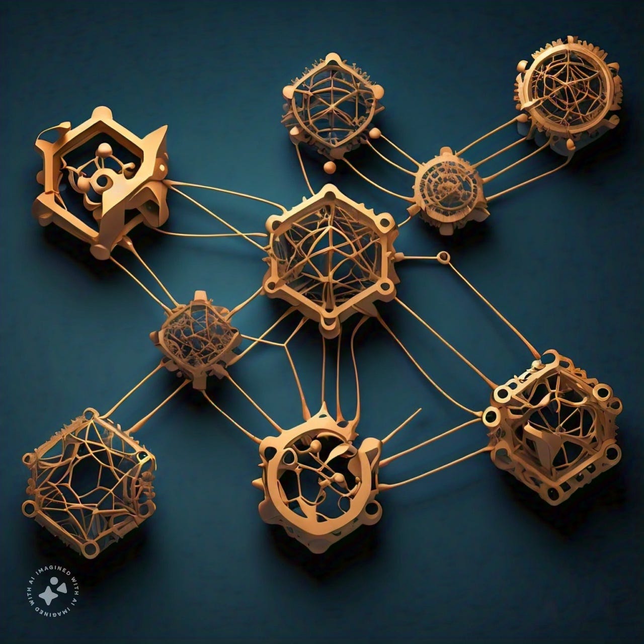 Abstract gold nodes interconnected with one another on a dark teal background. Abstract gold nodes interconnected with one another on a dark teal background.