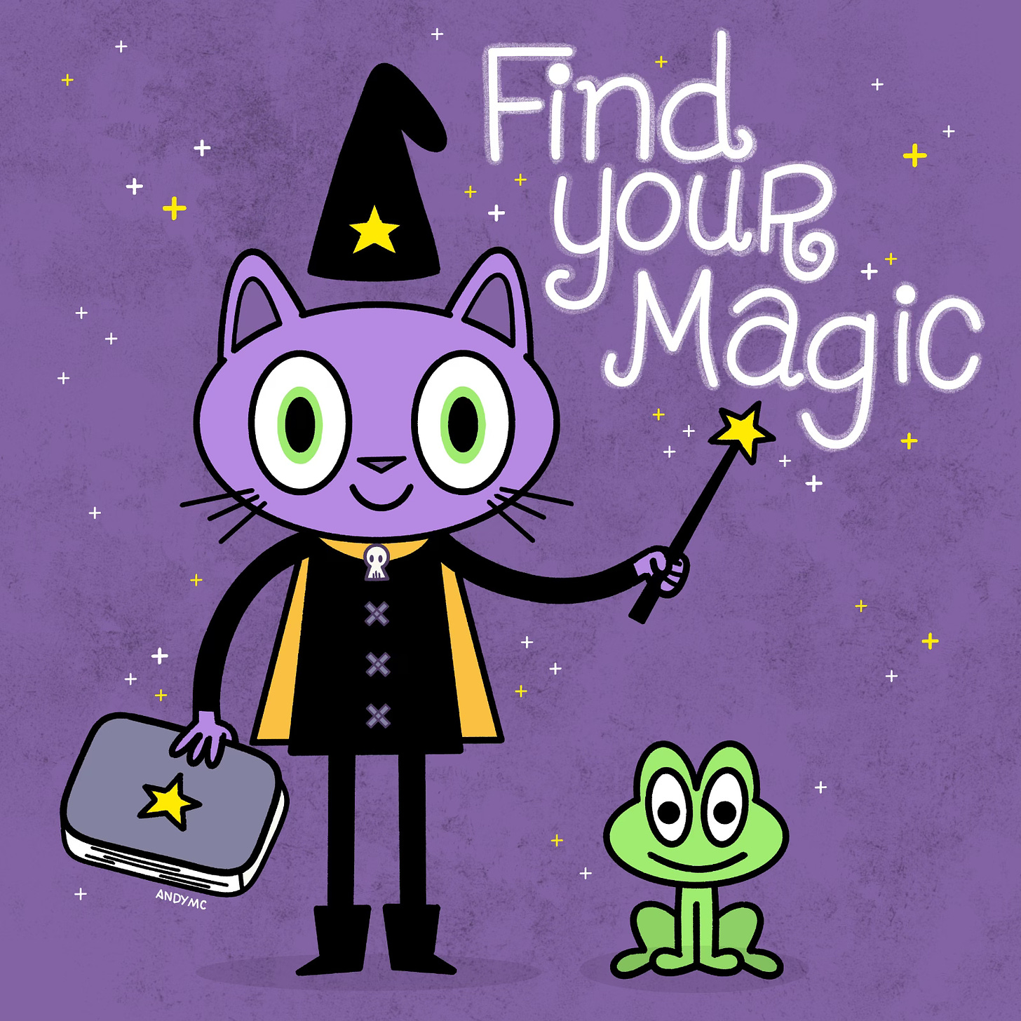 an illustration of a cartoon cat dressed up like a witch with the text Find Your Magic