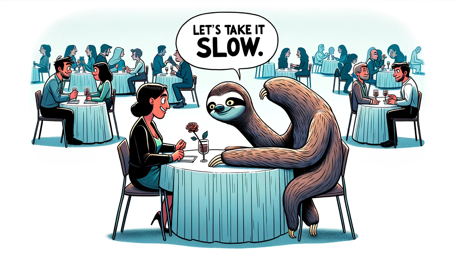 Speed dating event featuring a sloth, but the sloth has a head on top of one arm and a hand where the head should be.