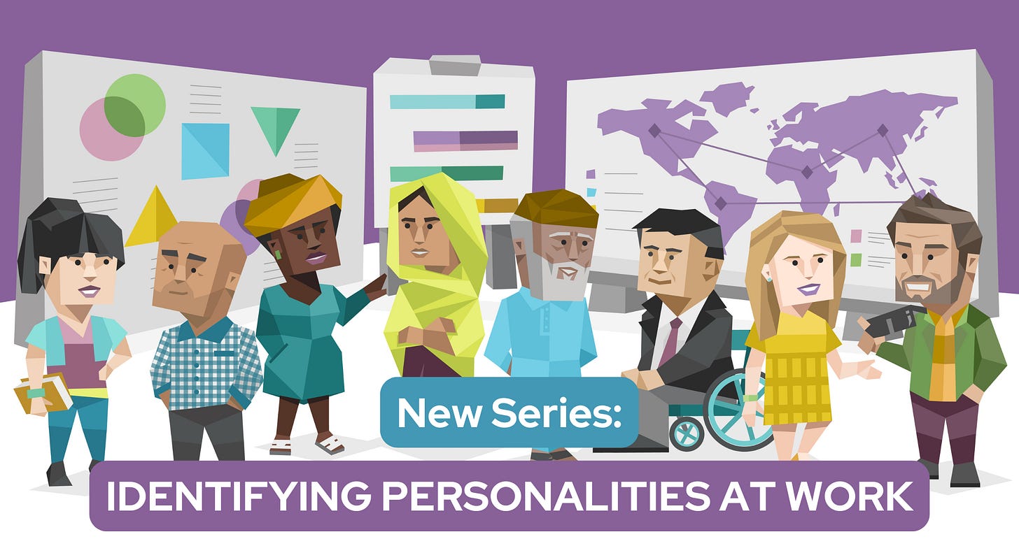 People from different nations with backdrop of charts and maps. Text reads "New Series: Identifying Personalities at Work."
