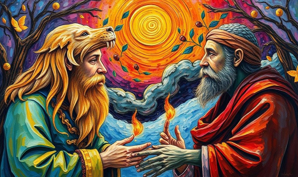 sages gazing at each other, one wolf-hatted and one zombie-handed, both with flame-tipped fingers