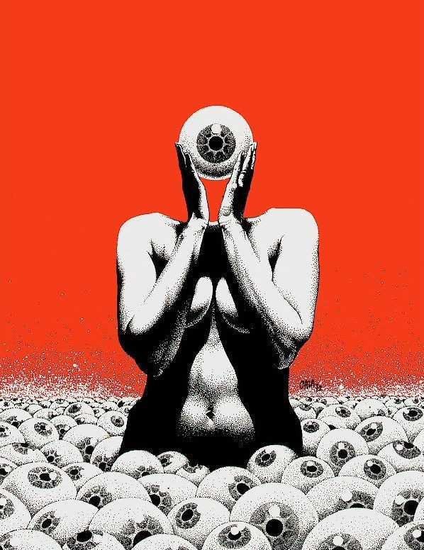 This may contain: a person sitting in front of a bunch of skulls with their hands on their face