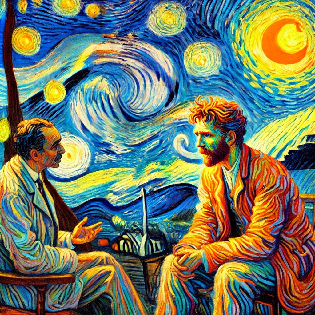 A Van Gogh style painting of a man speaking with a therapist, expressive brushstrokes, vibrant colors, dynamic poses. The background features swirling patterns and bold contrasts. Intense lighting highlights the scene, casting deep shadows. Created Using: Van Gogh style, oil painting, bright color palette, thick brushstrokes, post-impressionism, bold outlines, dramatic lighting, expressive composition, vivid hues, swirling patterns, strong contrasts, emotional expressions, exaggerated forms