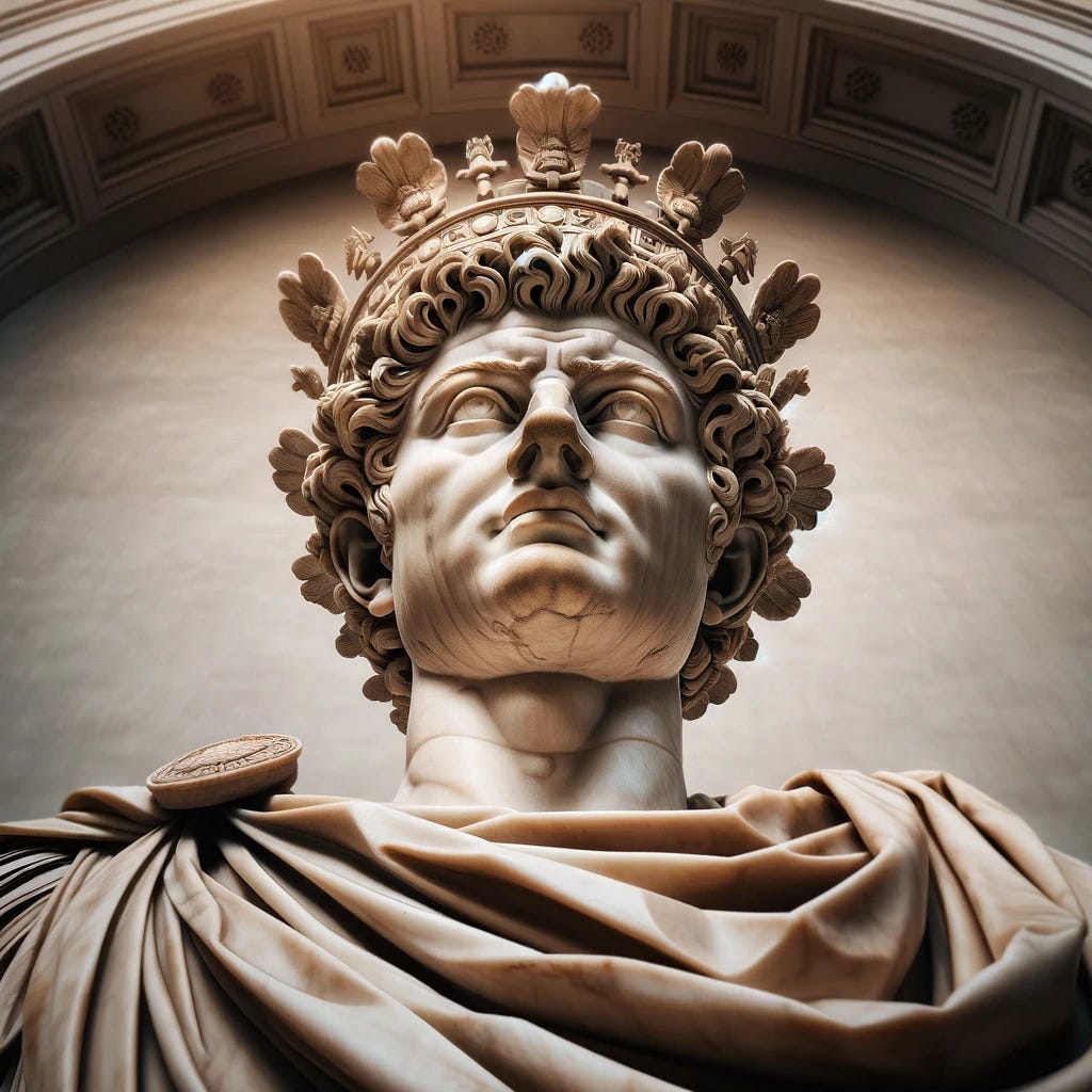 A statue of Marcus Aurelius, depicted in a classical Roman style, wearing an ornate crown. The viewpoint is from below, looking up at the statue to enhance its majestic and imperial presence. The statue is made of marble and is highly detailed, with intricate designs on the crown and a decisive, authoritative expression on Marcus Aurelius's face. The background is a simple, neutral color, focusing attention on the grandeur of the statue.