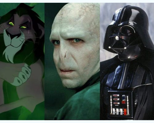Picture of Scar from the Lion King, Voldemort from Harry Potter, and Darth Vader from Star Wars