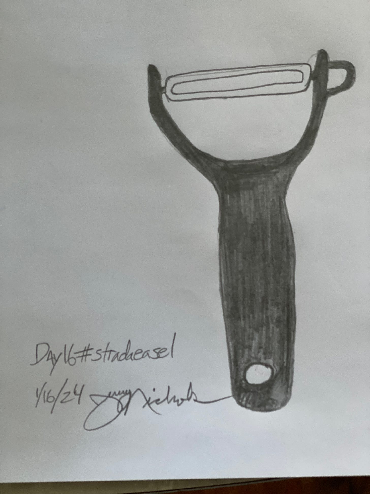 Pencil drawing of an ambidextrous vegetable peeler.