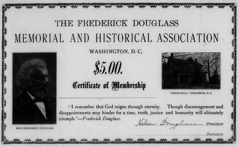 A membership certificate for the Frederick Douglass Memorial and Historical Association.