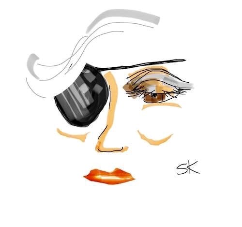 Caricature of artist by Sherry Killam Arts with eye patch.