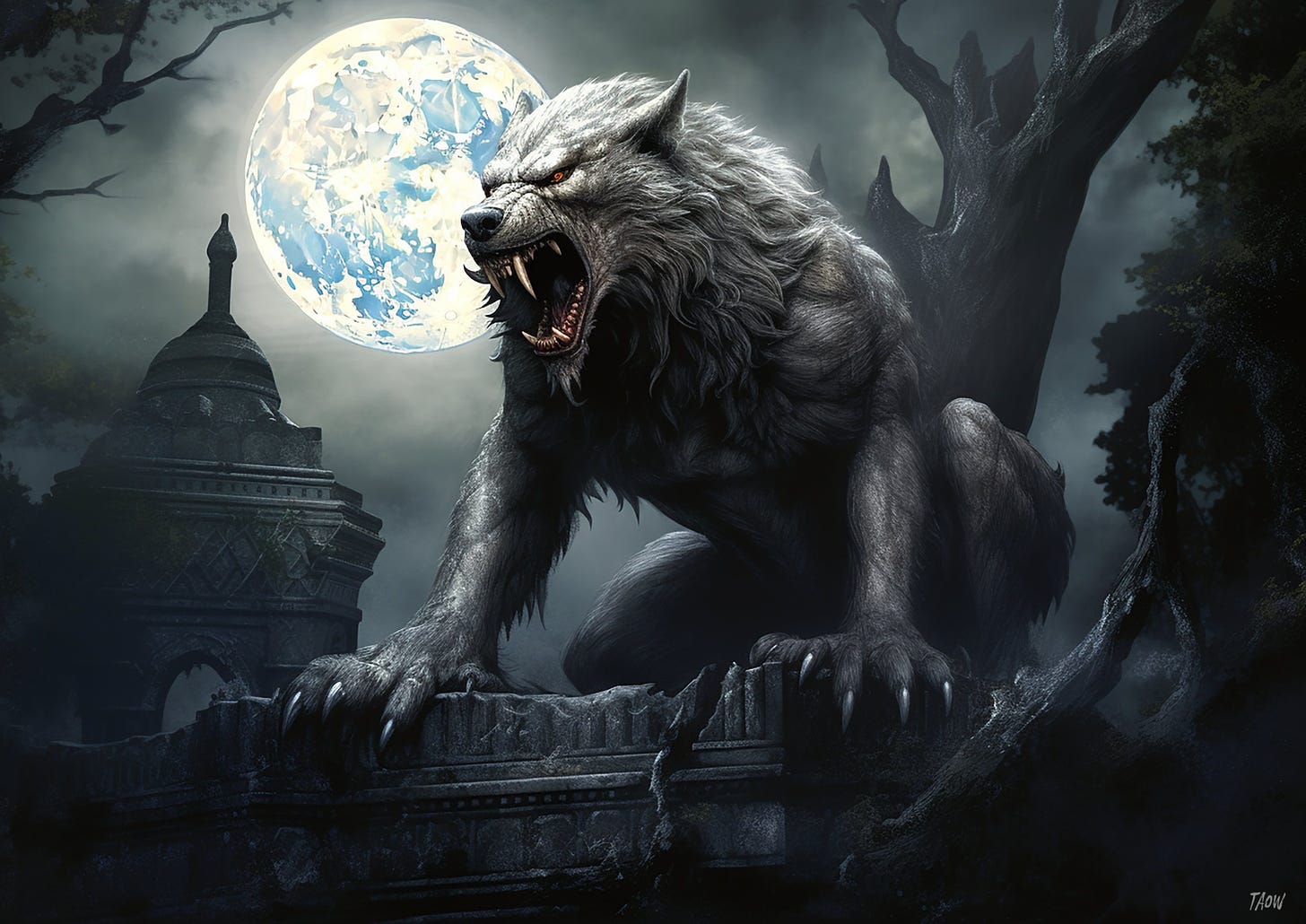 giant mythical wolf, moonlit graveyard, howling, tenebrism, realistic --ar 7:5