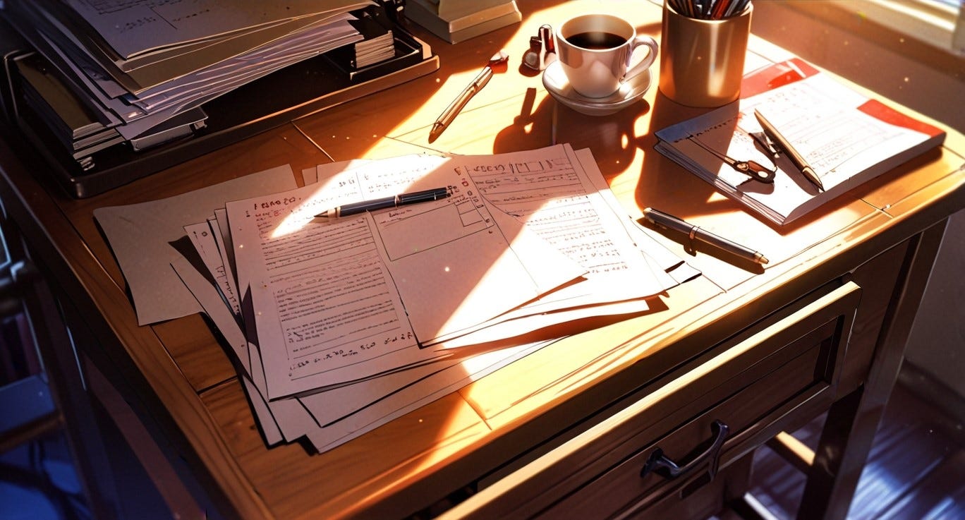 Imagen metáforinca, estilo manga, deSerena Sentti escribiendo en su cuaderno de ideas para su primera novela