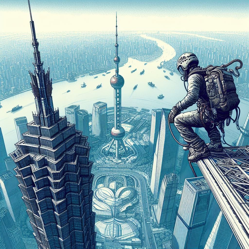 base jumper on shanghai tower, future, solarpunk drawing style