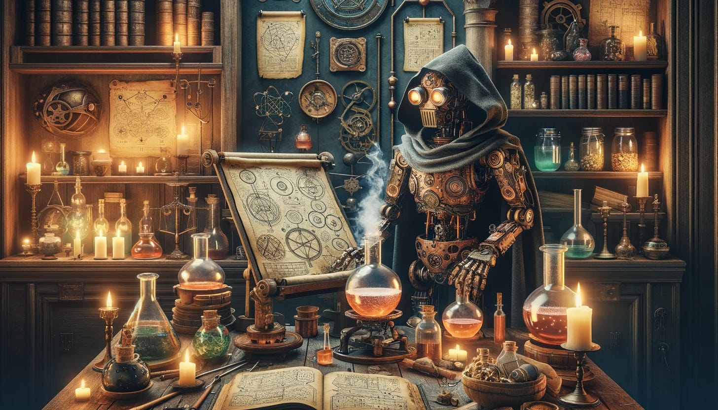 An enchanting alchemist's laboratory with a robot in medieval attire at the center, pondering over a scroll. The robot, featuring brass and copper gears, exudes a steampunk vibe. The dimly lit room is filled with shelves of mystical ingredients, old scrolls, bubbling potions, and ancient books, blending medieval alchemy with futuristic robotics.