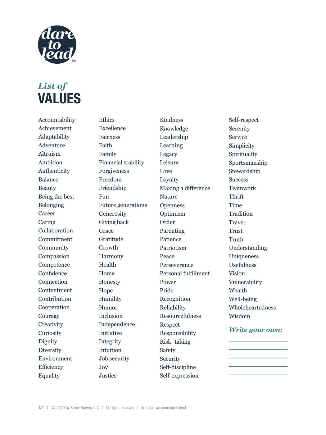 Dare to Lead | List of Values - Brené Brown