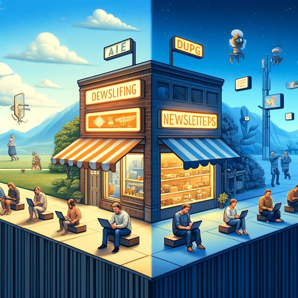 A conceptual illustration depicting the changing landscape of the online advertising market due to AI influence. The image is divided into two contrasting scenes. On one side, consumers are enjoying a cleaner and more efficient online experience, shown through people happily browsing on ad-free digital devices in a serene and uncluttered setting. On the other side, a row of small business storefronts and digital platforms like newsletters and specialty goods stores appear dim and neglected, symbolizing their struggle due to reduced ad revenue and visibility. The scene captures the dual effects of AI on online business and consumer experience.