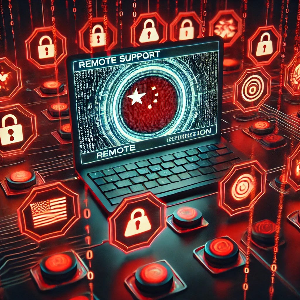 A striking image of a remote support terminal surrounded by red warning alerts and binary code. A subtle Chinese flag overlay in the digital grid hints at potential state-sponsored cyber espionage targeting U.S. Treasury systems.