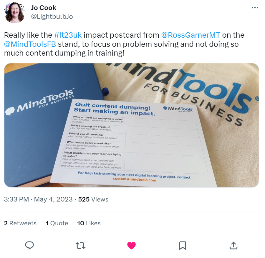 A Tweet from Jo Cook showing the impact postcard.