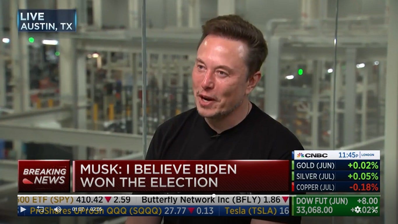 May be an image of 1 person, newsroom and text that says 'LIVE AUSTIN, TX BREAKING NEWS MUSK: BELIEVE BIDEN WON THE ELECTION MCNBC 11:45p| LONDON GOLD (JUN) +0.02% SILVER Û() (JUL) +0.05% CPPR(JUL) 0.18% 00 ETF (SPY) 410.42 2.59 Butterfly Network Inc (BFLY) 1.86 DOW FUT (JUN) +8.00 向 り 01:07 02:05 QQQ SQQQ 27.77 0.13 16 33,068.00 +$02%'