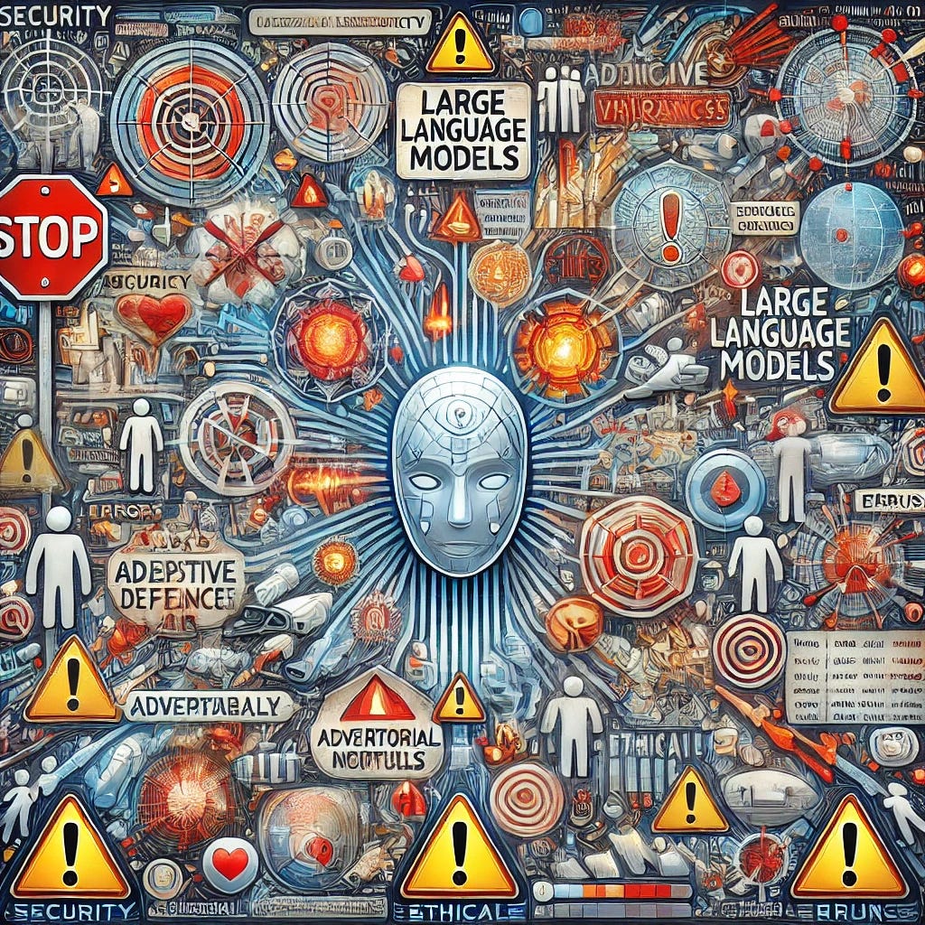 A detailed visual concept representing the security and ethical vulnerabilities of large language models (LLMs). The artwork includes abstract representations of AI models, surrounded by red warning signals, depicting adversarial threats and attacks. Incorporate elements like broken locks, flowing data streams with errors, and human figures symbolizing ethical dilemmas. Emphasize the concept of adaptability and resistance with shields and adaptive defense systems, while showcasing multilingual challenges using global language scripts in the background.