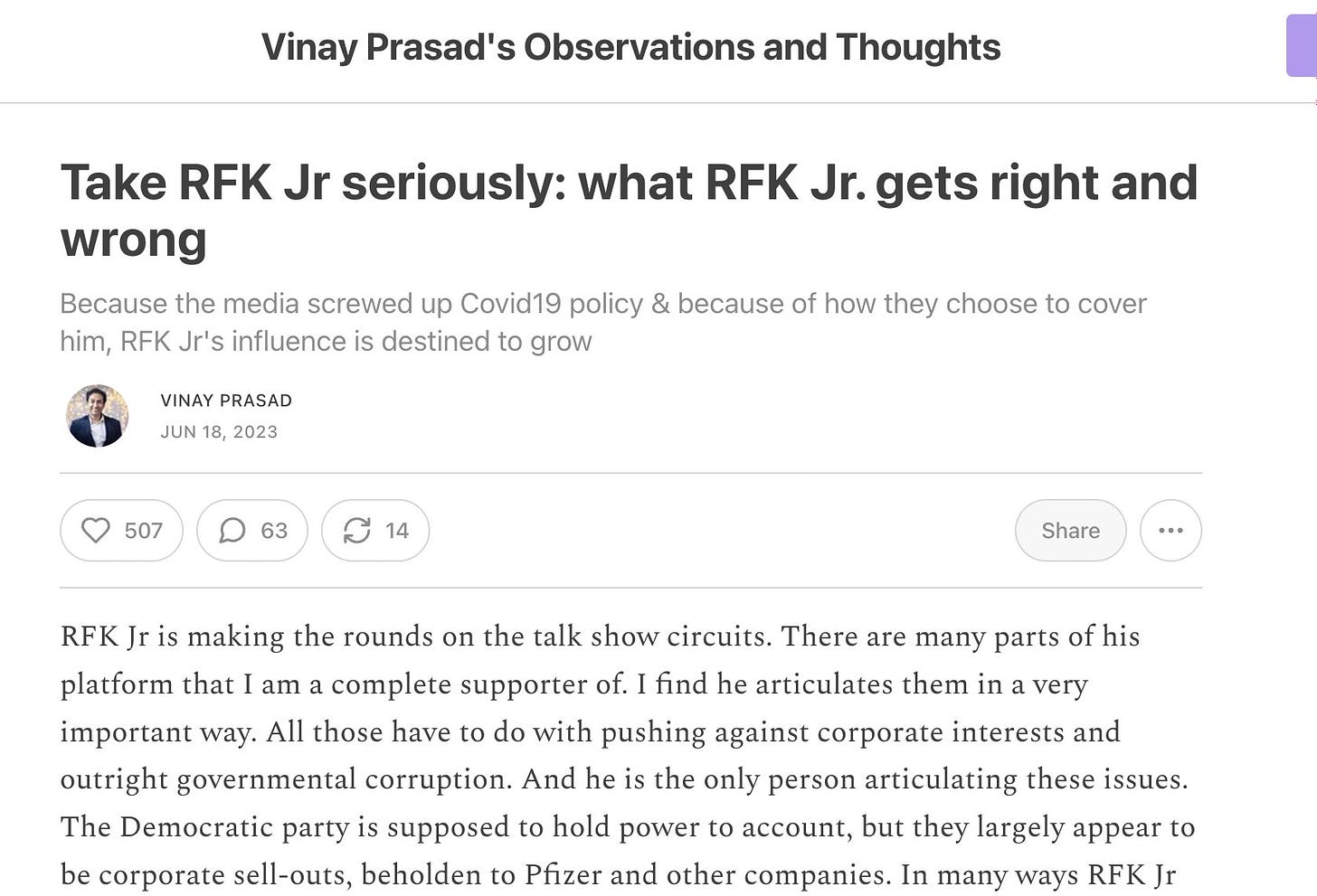 Vinay Prasad endorses RFK Jr.'s platform on Substack