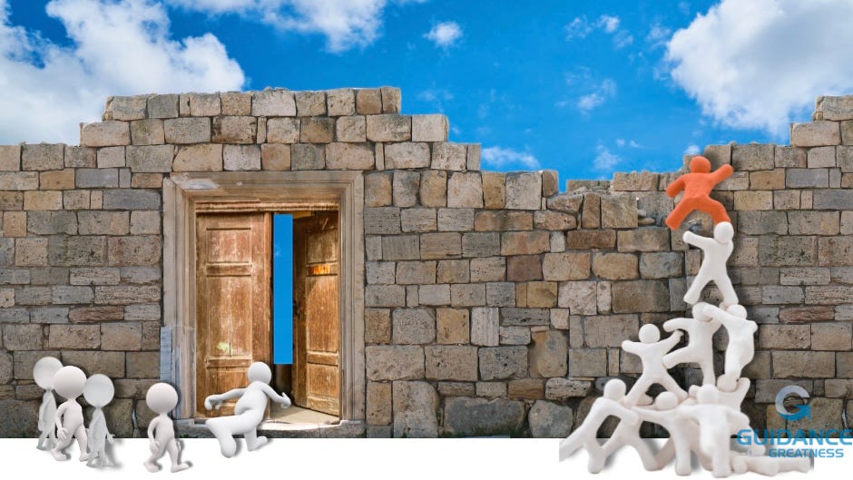 A crumbling stone wall with a doorway. The sky is blue behind the wall and through the door. On the left, 3d figures march with purpose through the door. On the right several 3d figures are forming an awkward and dangerous human ladder in order to clime the wall.