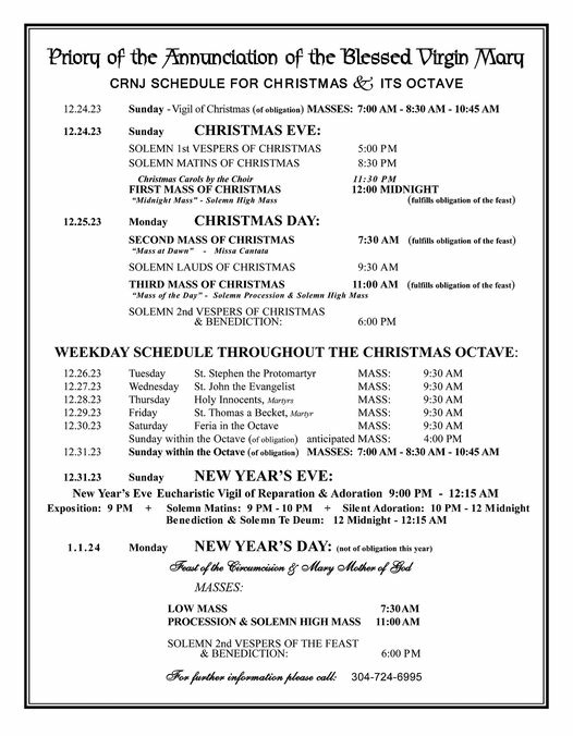 Canons Regular Christmas 2023 schedule