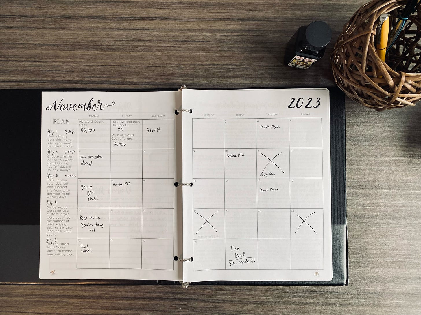 My November 2023 monthly plan in my NaNo journal