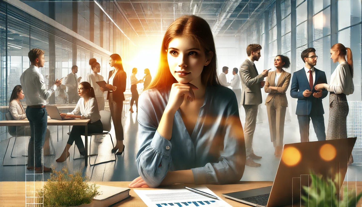 A landscape image of a young female professional navigating teamwork in a modern office environment. She sits at a desk with a laptop and papers, looking thoughtful yet optimistic. Surrounding her are colleagues engaged in discussions and meetings. The office is modern with large windows, plants, and collaborative spaces. Warm light highlights her determined and hopeful expression, while background colleagues interact dynamically, showcasing a supportive and bustling teamwork environment.