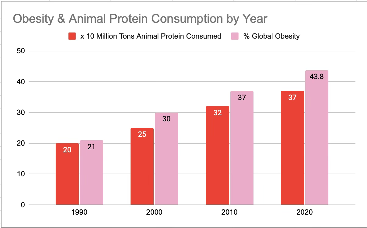 Chart showing the rates of obesity and global meat consumption rise in tandem