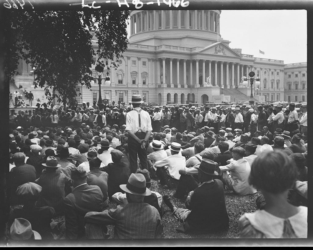 Bonus Army Veterans gather on the grounds of the U.S. Capitol, July 1932. Library of Congress)