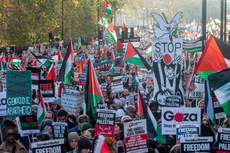 Palestine demonstration with  crowd including Guernica-like  placard