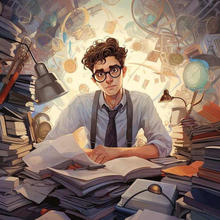 A man with glasses surrounded by books, papers, and a whole mountain of stuff. He looks like he might be smart, but the piles of books and papers suggest that he’s probably disorganized as well.