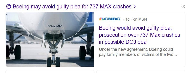 May be an image of aircraft and text that says 'Boeing may avoid guilty plea for 737 MAX crashes > MAX9 1d On MSN Boeing would avoid guilty plea, prosecution over 737 Max crashes in possible DOJ deal Under the new agreement, Boeing could pay family members of victims of the two.'