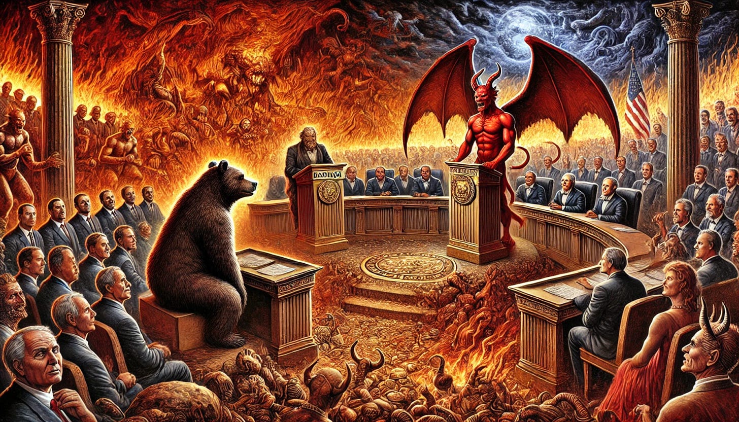 A scene in hell where a bear is sitting calmly, watching a presidential debate between Mammon and Satan. Mammon, representing greed, stands at a podium decorated with gold and jewels, while Satan, surrounded by flames and shadows, speaks from the opposite podium. The background is filled with demonic figures and twisted landscapes, with a sky of swirling fire and darkness. The bear watches with interest, while the audience of demonic creatures listens intently to the debate. The setting is both chaotic and formal, blending the horrors of hell with the structure of a political event.