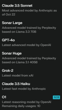 Perplexity Pro includes an impressive list of AI models