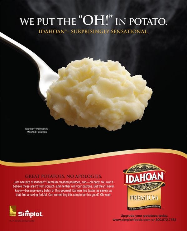 This may contain: a spoon full of mashed potatoes with the caption, we put the oh'in potato