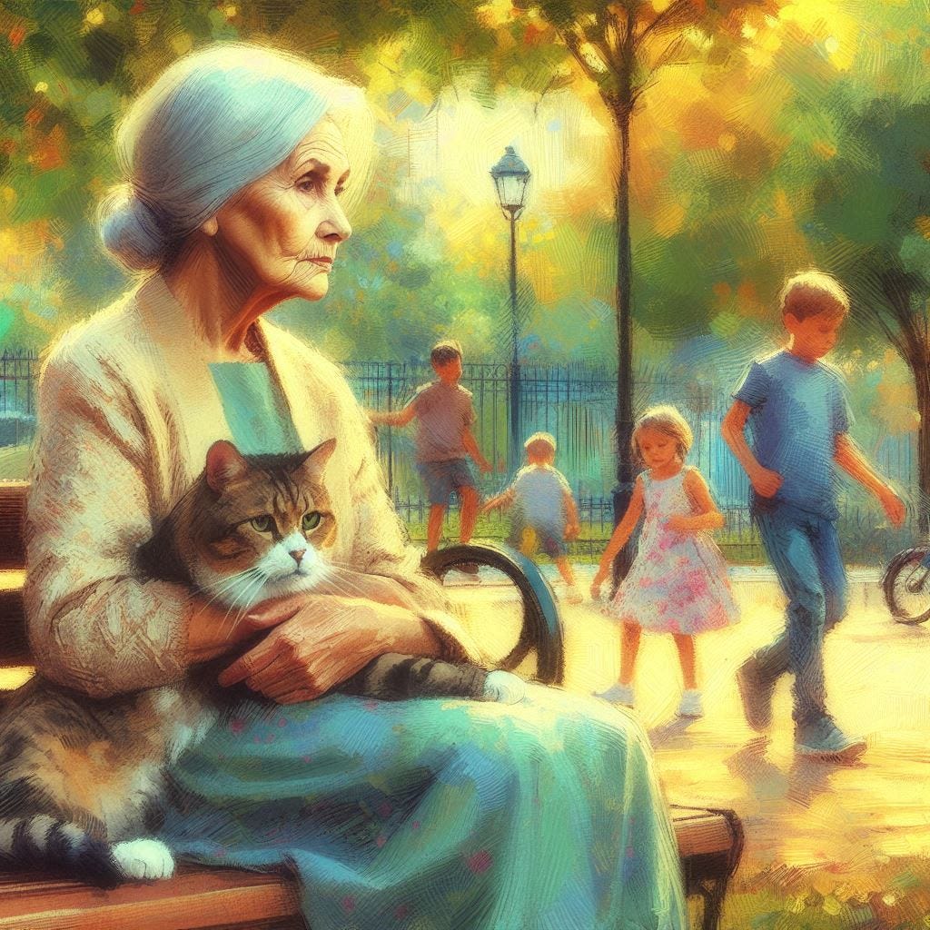 A pretty elderly woman sits in a park and watches children playing in it. She looks sad and she has a cat on her lap. Slight impressionist style.