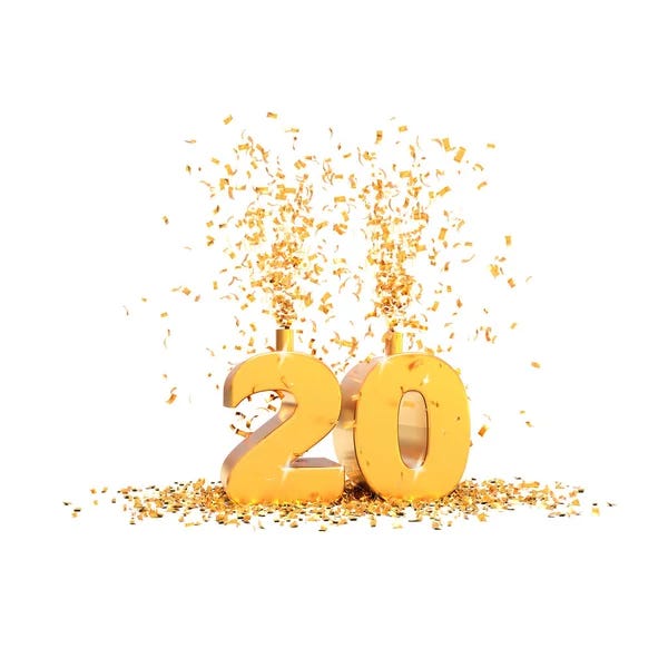 20 años de oro palabra 3d sobre un fondo blanco - 3D renderizado