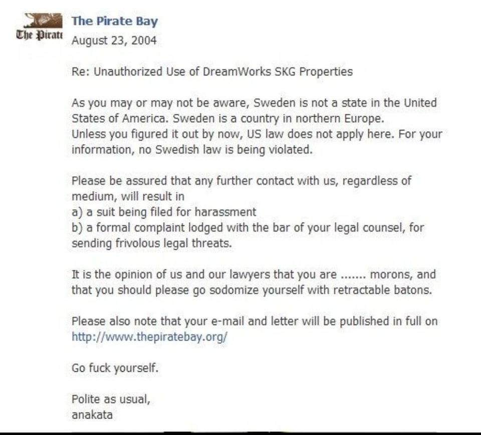 r/Damnthatsinteresting - Pirate Bay response to legal threats from DreamWorks