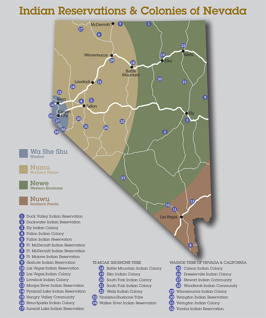 Nevada Indian Commission map showing the locations of Nevada's Indian Reservations and Colonies and the major cultural groups of Western Shoshone, Northern Paiute, Washoe, and Southern Paiute peoples.