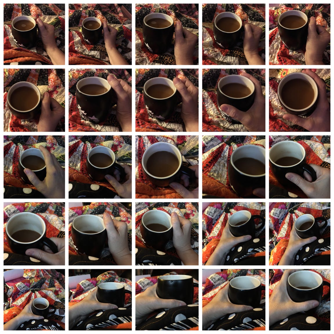 25 images of a hand and coffee cup