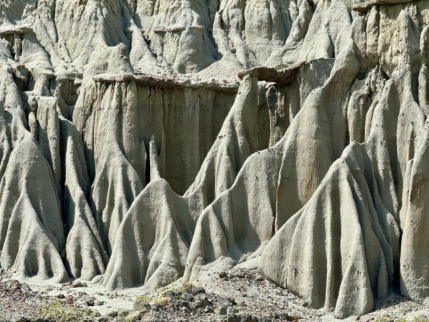 Formas que asemejan fantasmas en el desierto gris de Tatacoa. Foto propia.