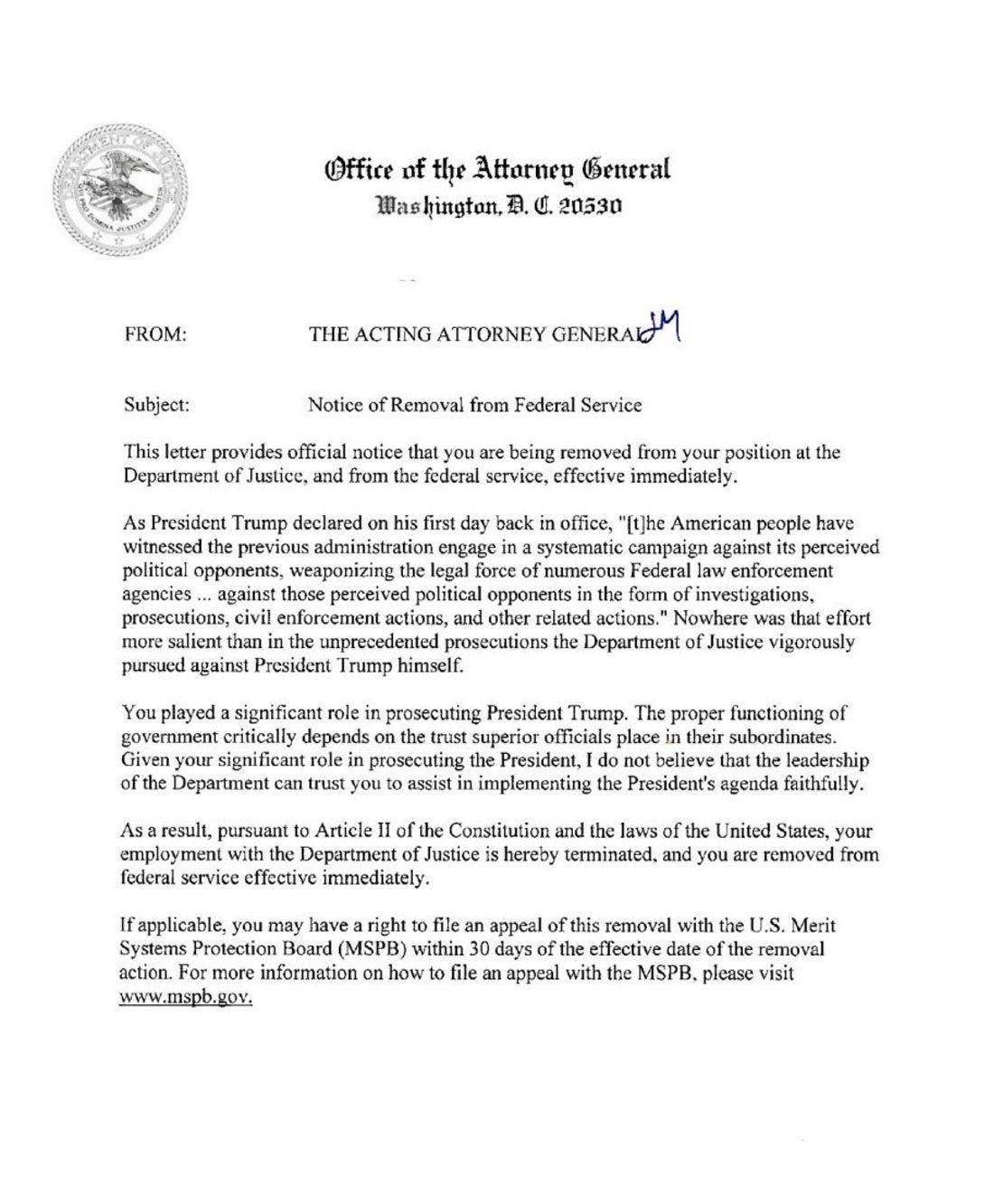 This letter was sent to various US Department of Justice officials being fired.