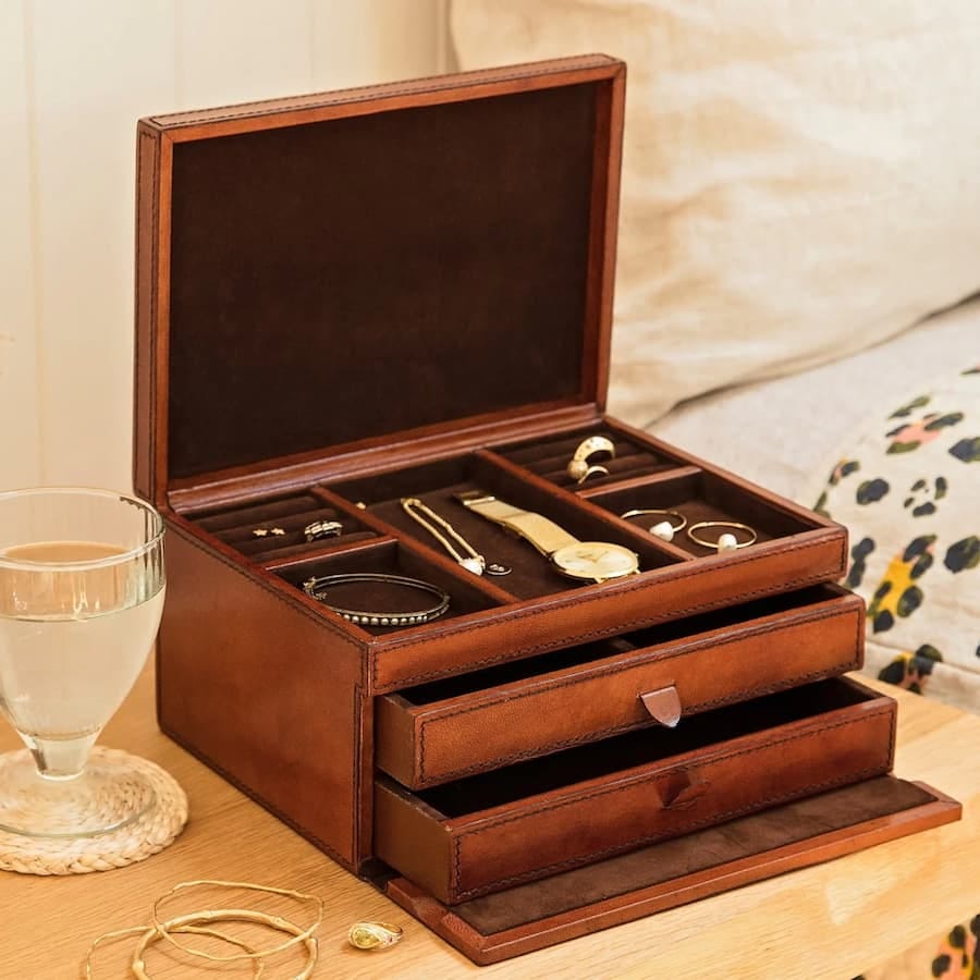 Three layer leather jewellery box