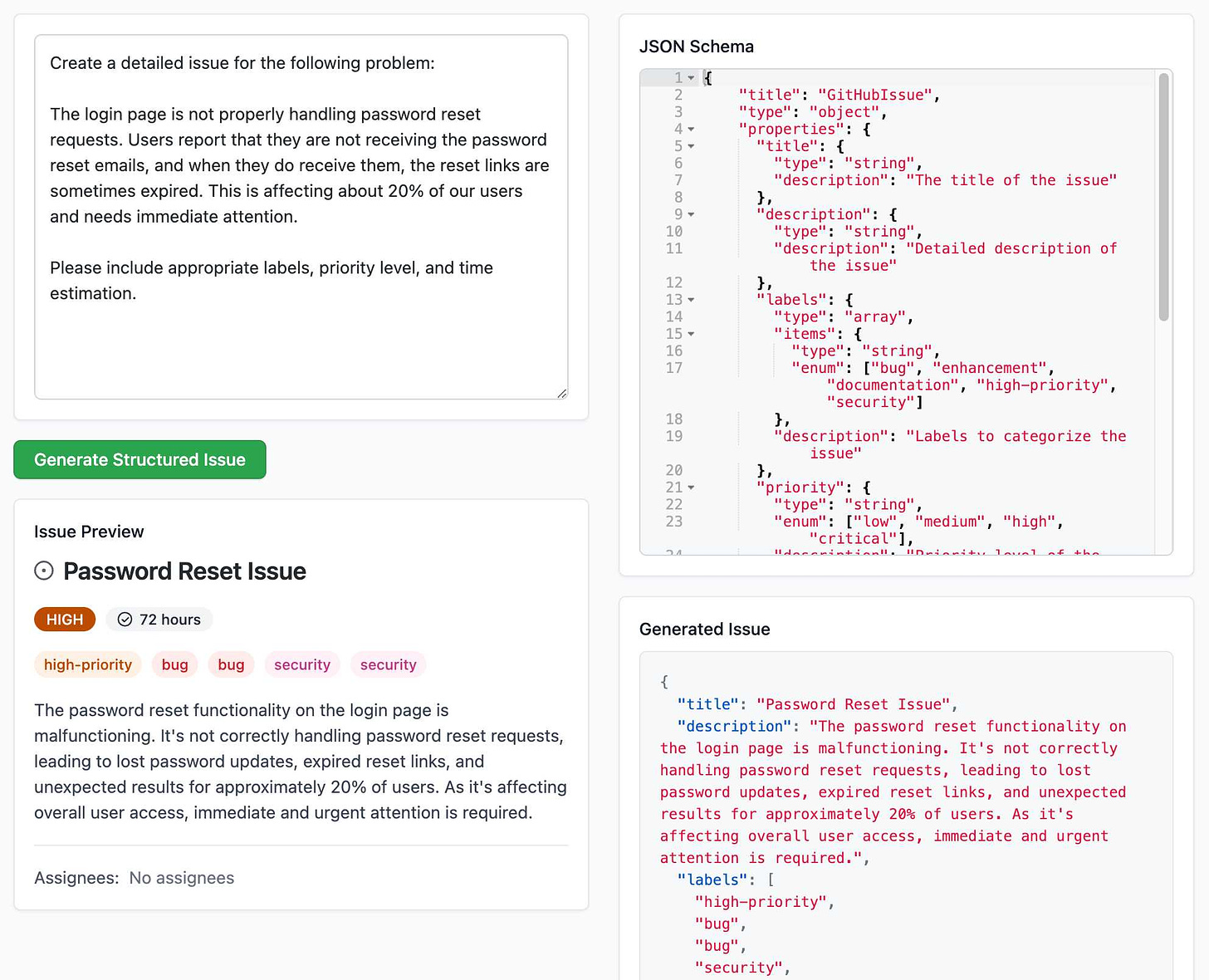 Interface showing text input, a JSON schema, extracted JSON and a UI that demonstrates the structured resulting GitHub Issue